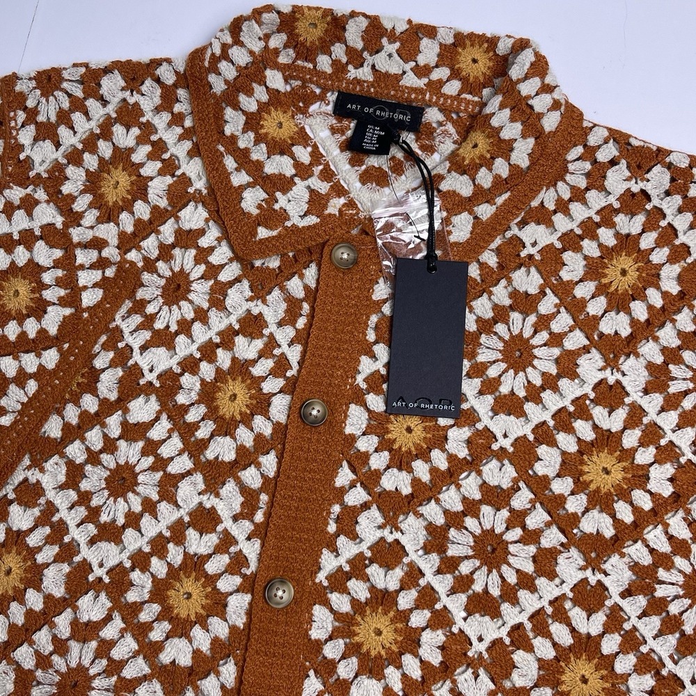 Art of Rhetoric Mens Medium Burnt Orange Crochet Cardigan Button Granny Square